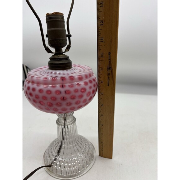 Antique Hobbs Cranberry Coin Spot Opalescent Glass Kerosene Oil Lamp Electrified - Picture 7 of 7